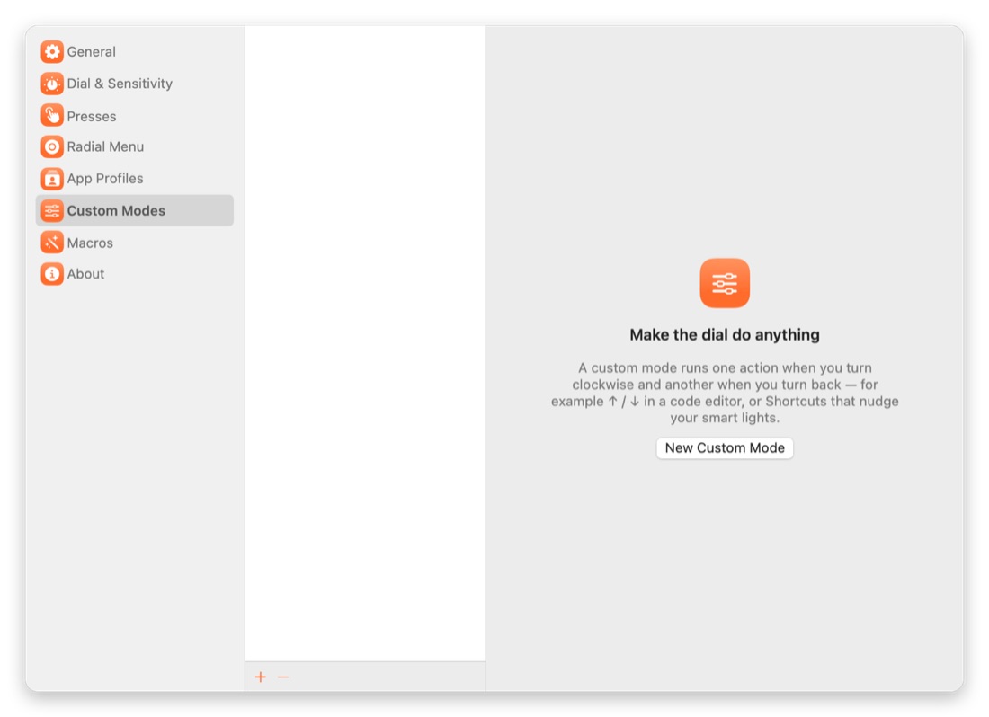 Dialed settings window listing its control modes