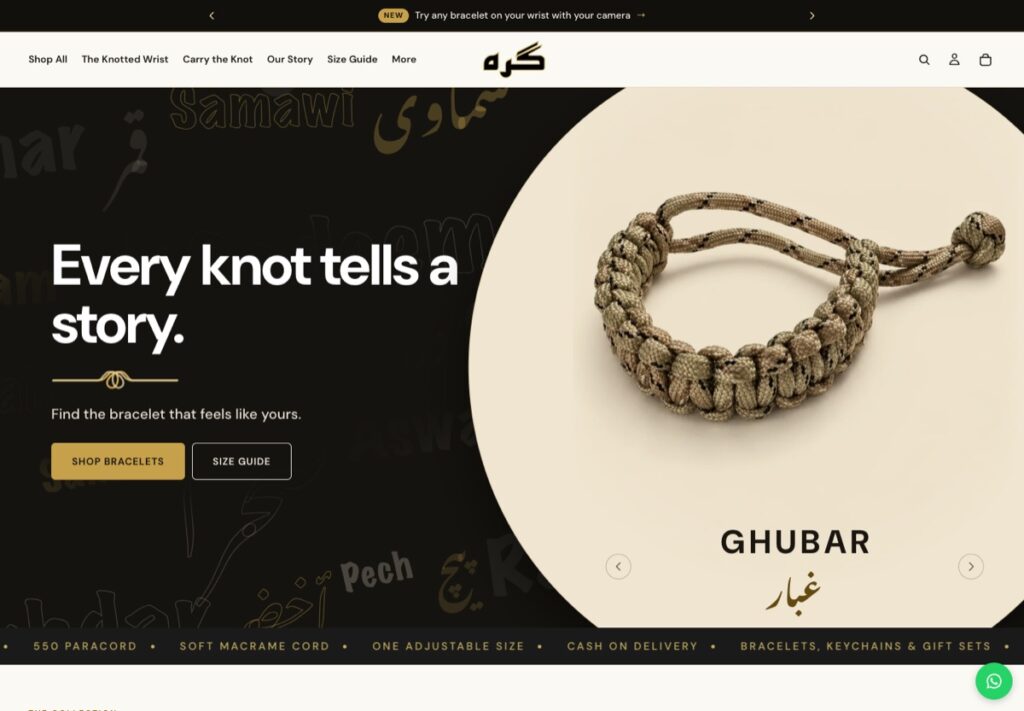 Giraa homepage: "Every knot tells a story" with a paracord bracelet
