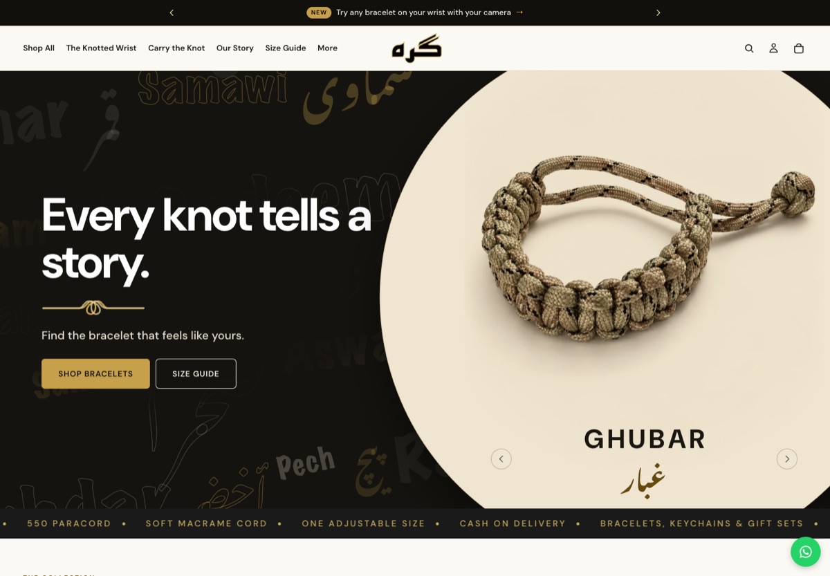 Giraa homepage: "Every knot tells a story" with a paracord bracelet