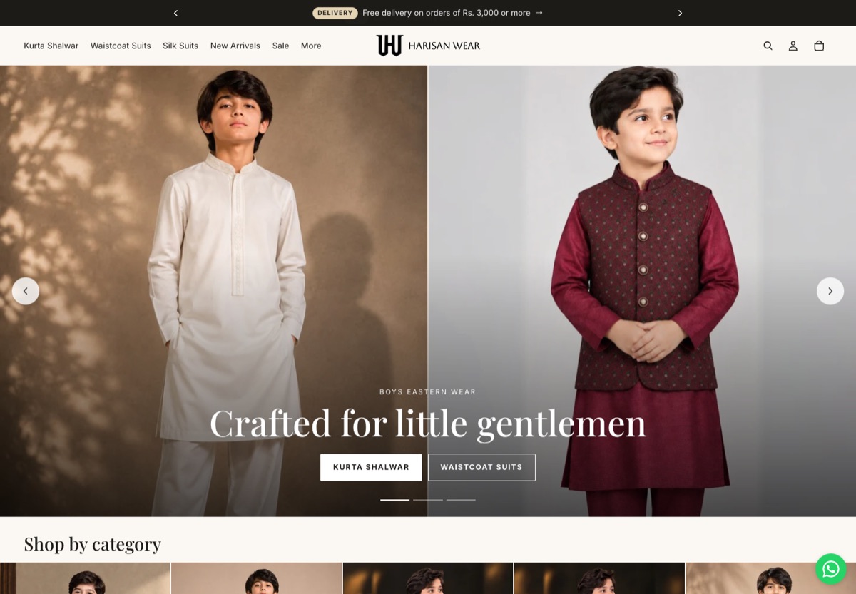 Harisan Wear homepage with boys in kurta shalwar and a waistcoat suit