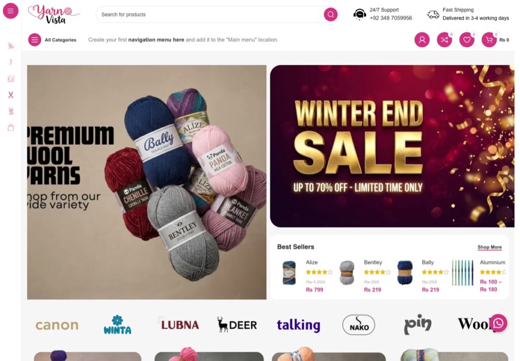 Yarn Vista homepage with wool yarn balls and a winter sale banner
